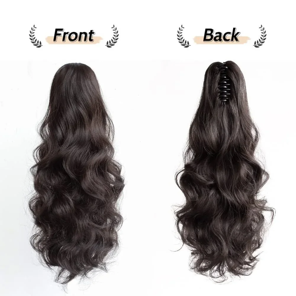 Wavy Ponytail Extension Claw Clip Synthetic Hair for Women 16in Dark Brown